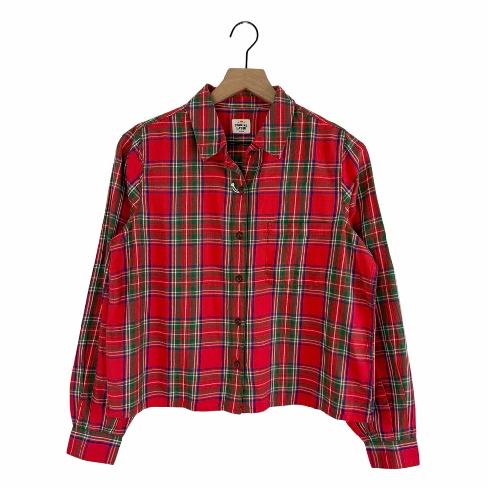NEW Marine Layer Zoe Cropped Tartan Plaid Shirt Red Size Medium